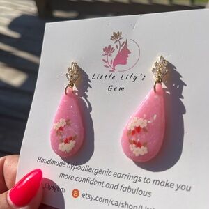 Pink Floral Drop Earrings Handmade Polymer Clay Gold Stud Cute‎ Gift Dainty